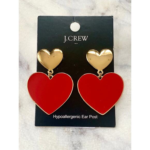 J. Crew Jewelry - J. Crew Gold and Red Enamel Heart Dangle Statement Earrings NWT